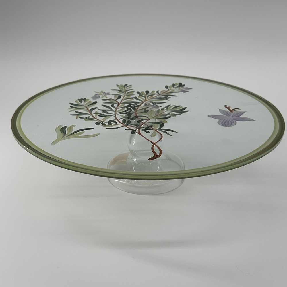 Vintage Studio Nova "Herb Garden" Hand-Painted Glass 12-inch Cake Stand